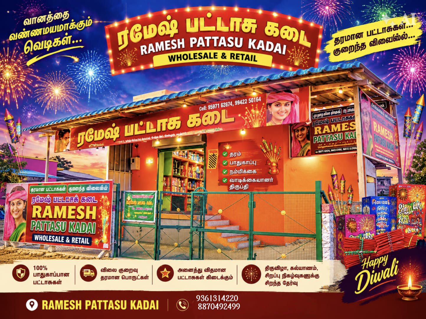 Ramesh Pattasu Kadai, wholesale and retail fireworks shop in Sattur